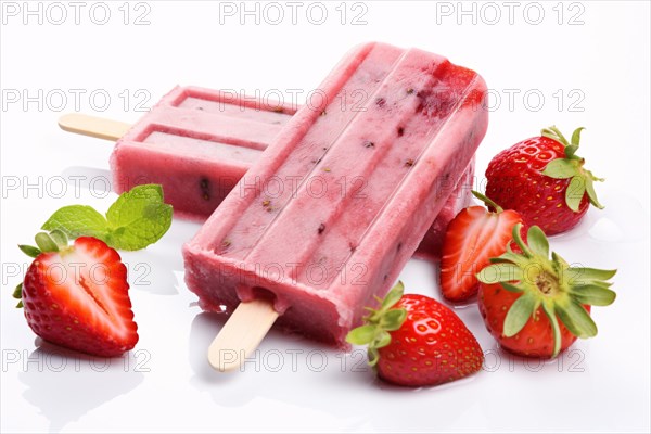 Pink strawberry ice popsicles on white background. KI generiert, generiert, AI generated