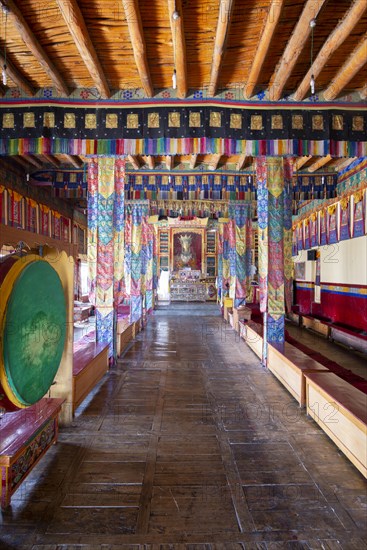 Dukhang, prayer and meeting room, Diskit Monastery, near Hunder, Nubra Valley, Ladakh, Jammu and Kashmir, Indian Himalayas, North India, India, Asia