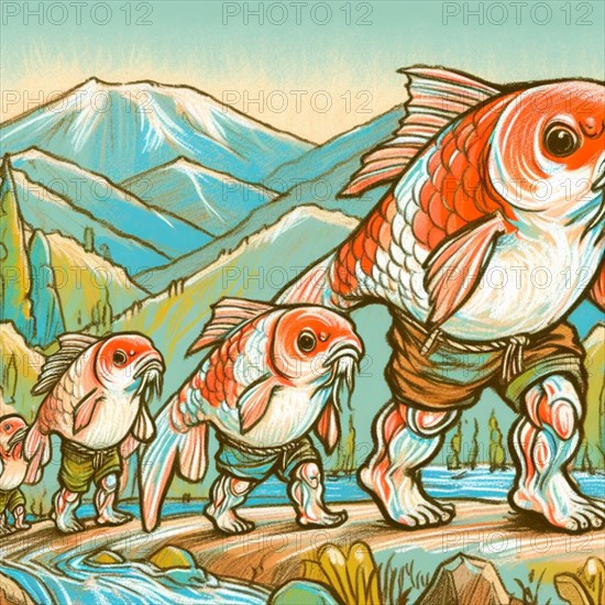 Whimsical illustration depicting fish with legs walking through a colorful, mountainous terrain, evoking a dreamlike atmosphere and emphasizing the magical merger of aquatic and terrestrial life, AI generated