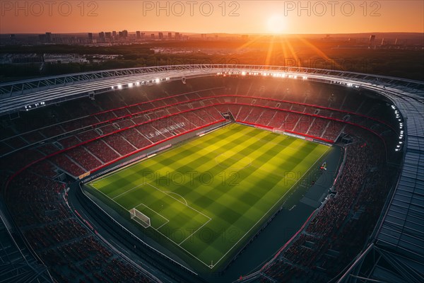 Aerial bird eye top view of a soccer football field stadium on sunset, AI generated