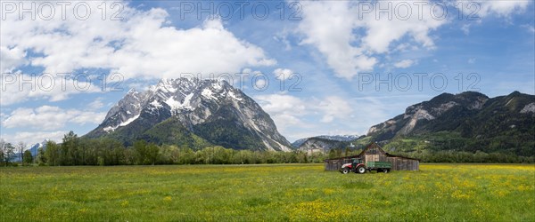Barn with tractor, Grimming, panoramic view, near Irdning, Ennstal, Styria, Austria, Europe