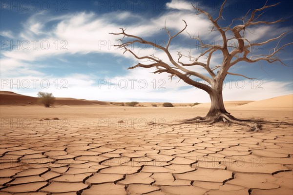 Drought climate change ecology solitude concept, dry dead tree in desert with a dry, cracked ground. The tree is the only sign of life in the barren landscape, AI generated