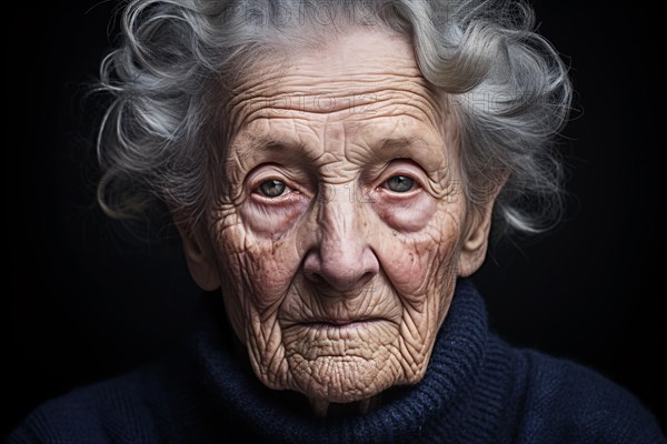 Very old wrinkled woman with sad eyes. KI generiert, generiert, AI generated