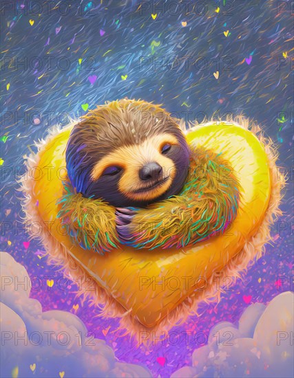 Vibrant illustration of a cute sloth relaxing on a heart-shaped pillow surrounded by dreamy clouds with pops of color, AI generated