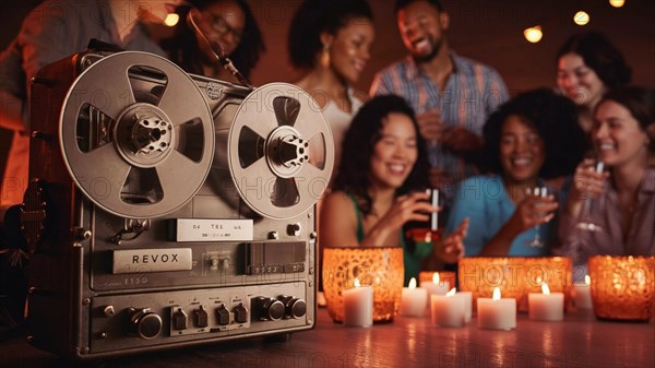 Group of friends chat drink in the background with close-up of an old reel to reel tape recorder ai generated, AI generated
