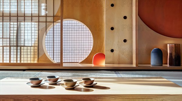 A contemporary reimagining of the traditional Japanese tea ceremony in a minimalist space that takes the classic elements of hospitality and grace and reinterprets them, tea service, Japan, AI generated, AI generated, Asia
