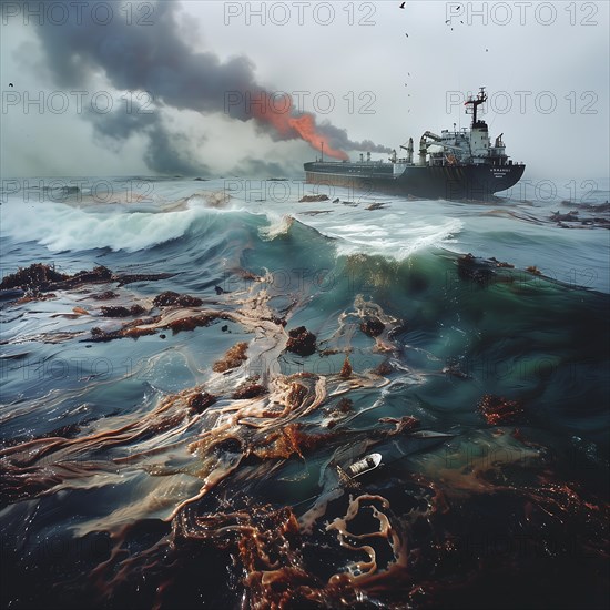 A damaged ship leaks oil in rough seas, smoke rises, oil spill, environmental disaster, AI generated