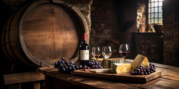 AI generated cellar wine tasting setup featuring rustic wooden table supporting several glasses of red wine