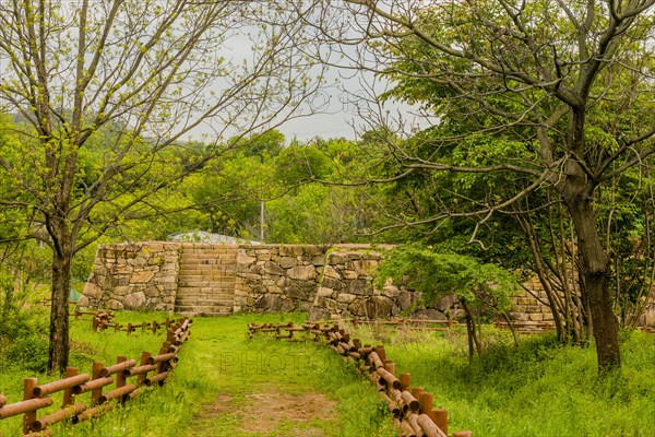 Hiking trail leading to remains of Japanese stone fortress in Suncheon, South Korea, Asia