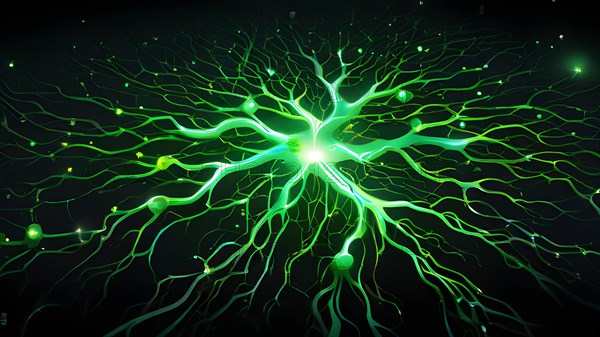 Ai generated conceptual illustration of a neuronal network with interconnected nodes pulsating in green tones, AI generated