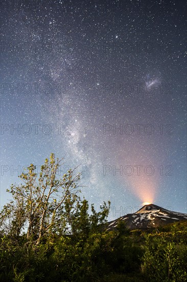 Starry sky over the Villarrica volcano, Villarrica Volcano, Villarrica National Park, Araucania, Chile, South America