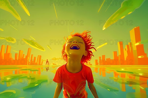 Joyful child laughing with a vibrant cityscape and sunset reflection in the background, 3D, illustration, AI generated