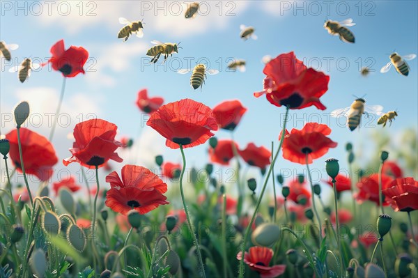 Honeybees swarm flying above a red poppy field, AI generated