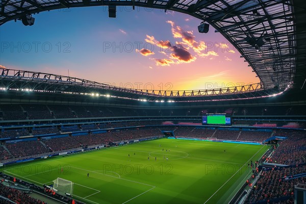 A soccer field with a large crowd of people spectators fans watching the game on sunset. The stadium is lit up with bright flood spotlights with a match game, AI generated