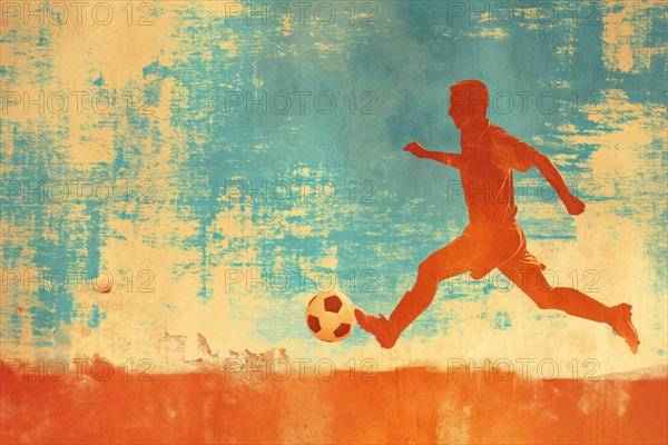 A soccer player dribbles and kicks a soccer ball. Abstract vintage grungy poster style with muted colors, AI generated