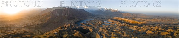 Aerial view, high mountain landscape with glacial moraines and mountain lakes, behind Pik Lenin, Trans Alay Mountains, Pamir Mountains, Osher Province, Kyrgyzstan, Asia