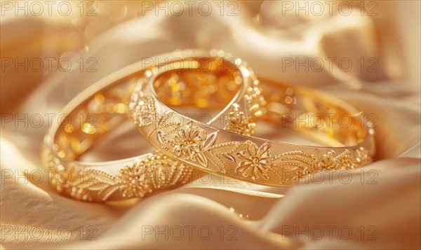 Pair of intricately designed gold bracelets arranged on a smooth satin material background AI generated