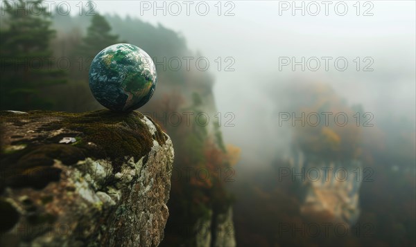 Earth globe balanced on a rock ledge overlooking a misty forest gorge AI generated