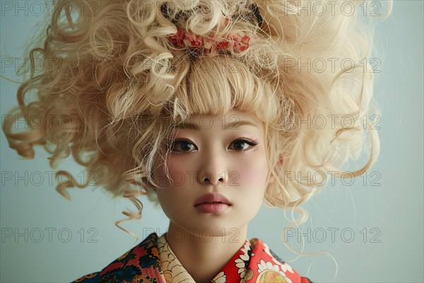 Asian woman with large blond curly hair in front of studio background. KI generiert, generiert, AI generated
