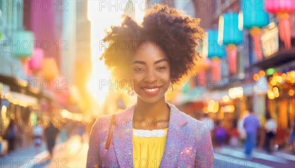 Smiling young woman in fashionable attire against a vivid cityscape at sunset, AI generated