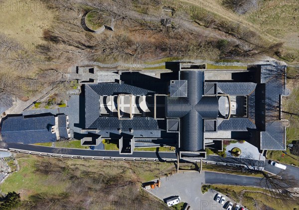 Top view of a monastery with a complex roof structure and surrounding gardens, Santuario de Meritxell Monastery, Sanctuary of Our Lady of Meritxell, Meritxell, Canillo, Andorra, Pyrenees, Europe