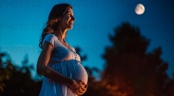 Happy pregnant woman smiling. A concept of motherhood and future family, AI generated