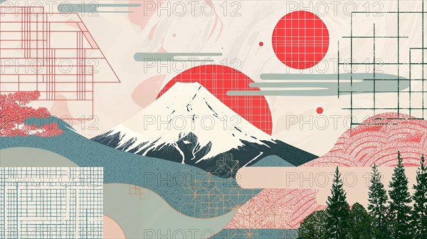 A peaceful backdrop with the impressive Mount Fuji in the distance, framed by geometric designs and abstract shapes inspired by Japanese cultural symbols, creating a harmonious balance between nature and human art, Japan, AI generated, AI generated, Asia