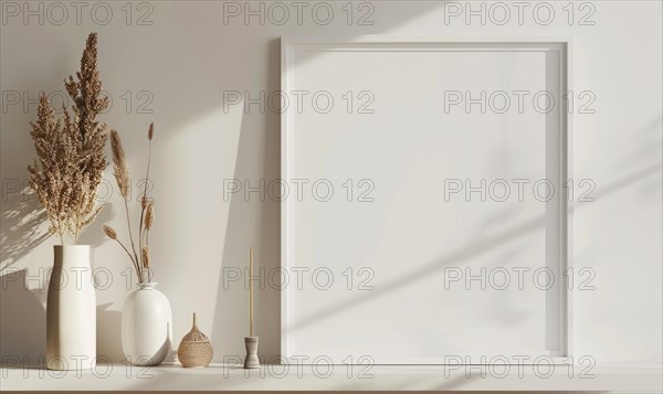 A blank image frame mockup on a white wall in a minimalistic modern interior room AI generated