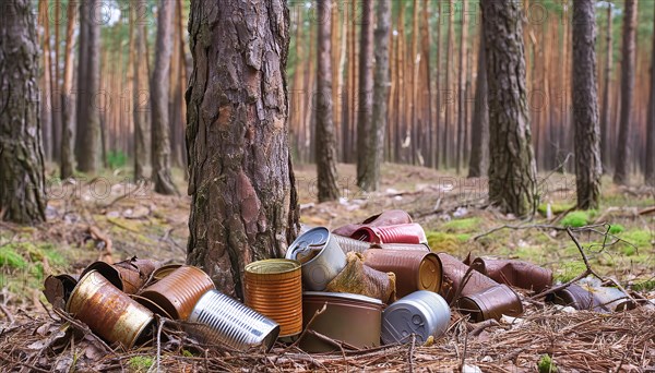 Symbolic photo, a forest of thick tree trunks, many rusty tin cans on the ground, waste, environmental pollution, AI generated, AI generated