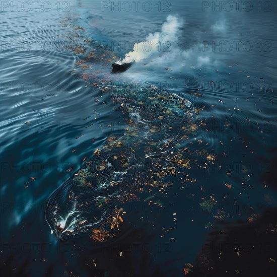 A half-sunken ship leaving a dark oil slick in the ocean reflects an environmental catastrophe, oil spill, environmental catastrophe, AI generated