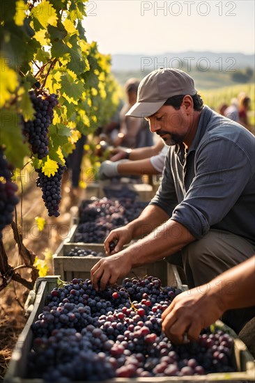 AI generated workers in a vineyard delicately select ripened clusters of ripe grapes