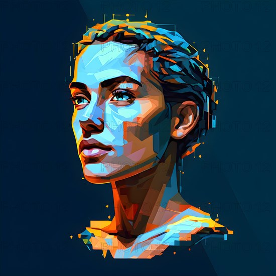 AI generated female human head digitalised in pixel art style presenting a mosaic of vibrant hues in neon glow