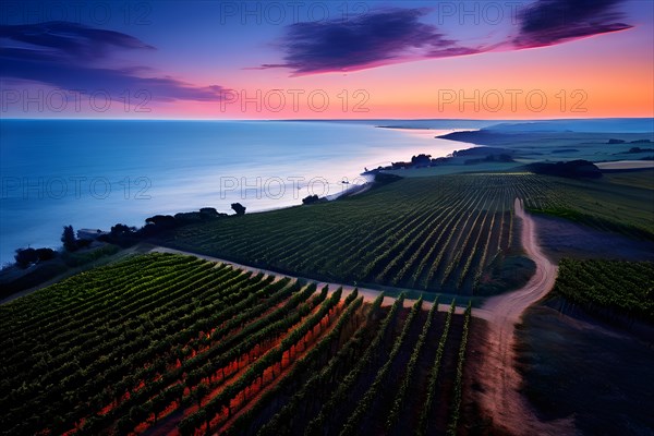 AI generated aerial view of a coastal vineyard with ocean in the background in ambient light