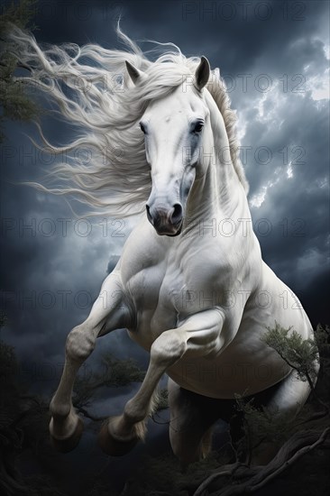 Rearing white horse in thicket, AI generated