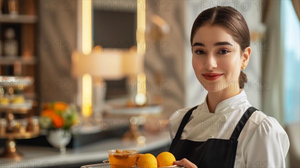 A professional waitress in an apron serving orange juice in a luxurious hotel environment, AI generated