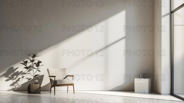 Sleek minimalist interior with stylish chair and plant, sunlight creating dramatic shadows, AI generated