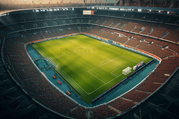 Aerial bird eye top view of a soccer football field stadium, AI generated