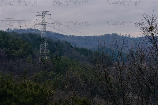 Winter landscape of electrical power line tower surrounded by trees on side of mountain under cloudy sky in South Korea