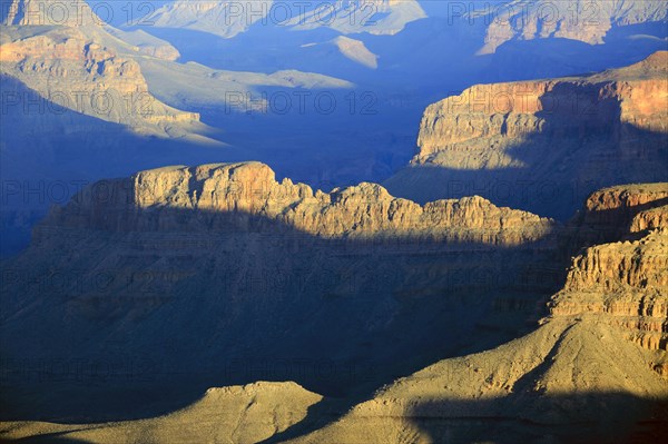 The shadow play of the morning hours emphasises the vastness of the rock faces of the Grand Canyon, Grand Canyon National Park, South Rim, North America, USA, South-West, Arizona, North America