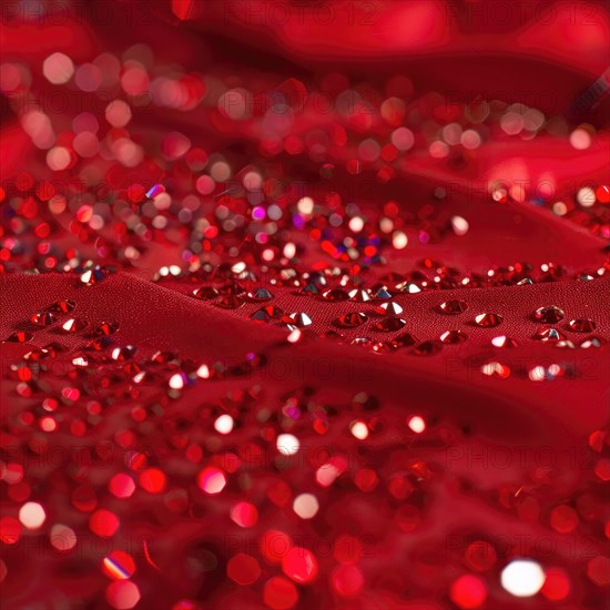 Seamless pattern of glistening rubies scattered across a rich red fabric AI generated