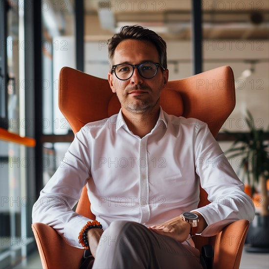 A casual businessman with glasses sits in an office chair, AI generated