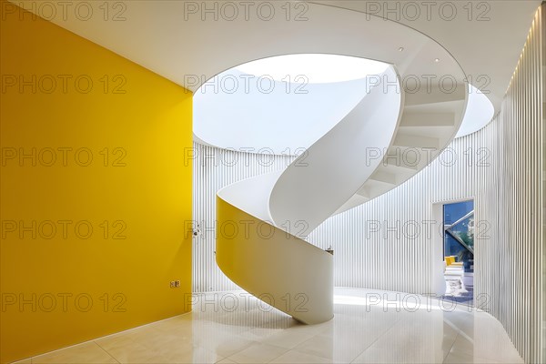 AI generated minimalist architectural shot of yellow and white walls intersecting around a modern stairway
