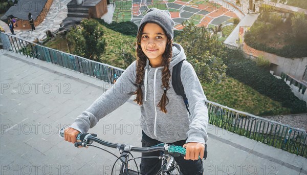 A smiling young girl with braids wearing a beanie descending urban stairs on her bicycle, AI generated