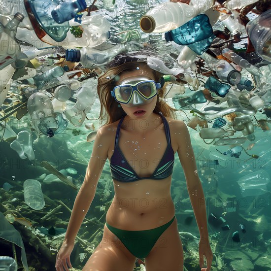 Woman dives under water, surrounded by plastic waste, looking up to the surface, AI generated