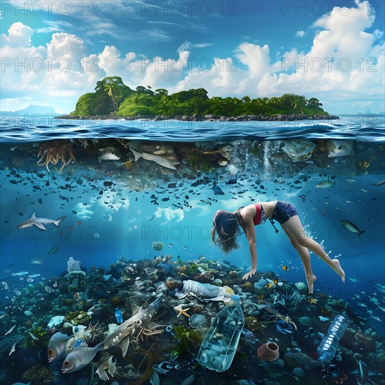 Digital representation of a woman swimming underwater next to rubbish and Fish, AI generated