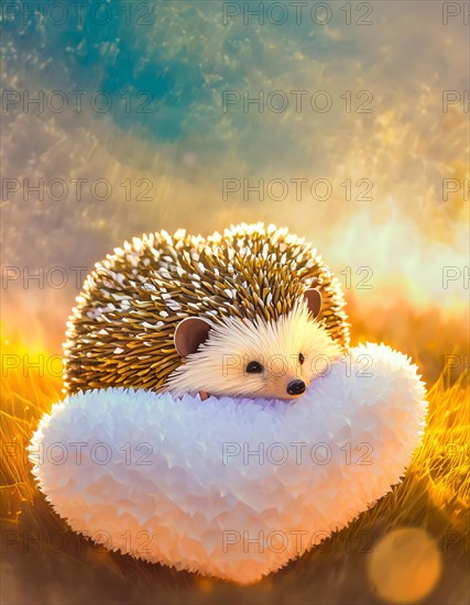 Adorable hedgehog cuddles up on a heart-shaped pillow against a backdrop of warm, golden sunset light, AI generated