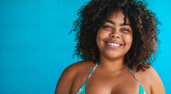 A plus size black afro-american bikini model with curly hair is smiling and wearing a bikini top. Concept of confidence and happiness, AI generated