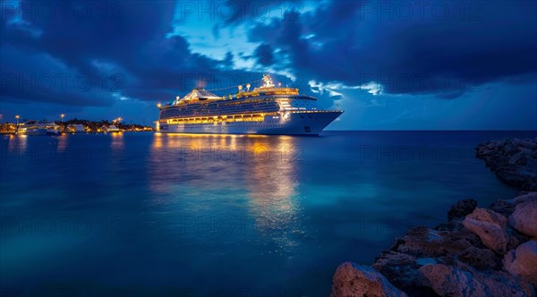 A large cruise ship docked near popular vacation resort. The scene is serene and relaxing, with the ship providing a sense of adventure, AI generated