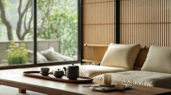 A modern interpretation of the classic Japanese tea ceremony, presented in a minimalist setting that embodies traditional hospitality and grace in a contemporary way, tea service, Japan, AI generated, AI generated, Asia