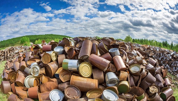 Symbol photo, rubbish, waste, many empty rusty cans in a pile, AI generated, AI generated